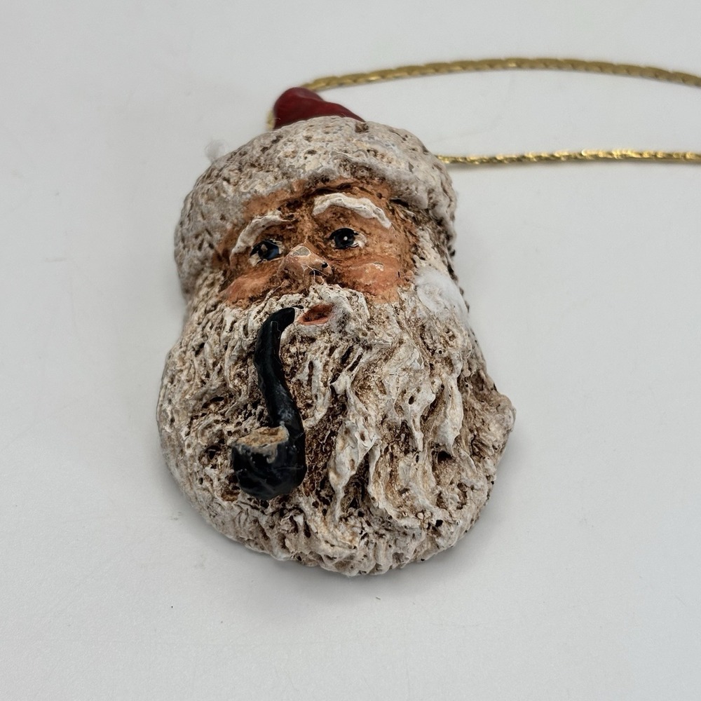 Vintage Santa Claus W/pipe Head Christmas Ornament/necklace Resin Face Boxchain